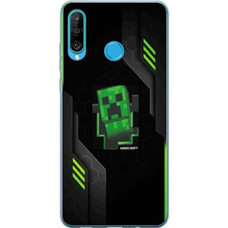 Kompatibelt Mobildeksel til Huawei Huawei P30 lite Grønn pikselbasert creeper-lignende spillillustrasjon med futuristiske neoninnslag og mørk tech b