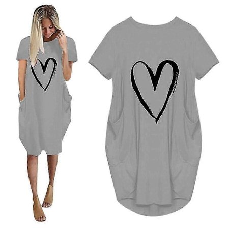 Naisten rento, väljä mekko taskuilla, muodikas O-kaula-aukko, lyhythihainen rakkausprintti, pitkät topit, naisten katutyyli, plus-koko 5XL T-paita 