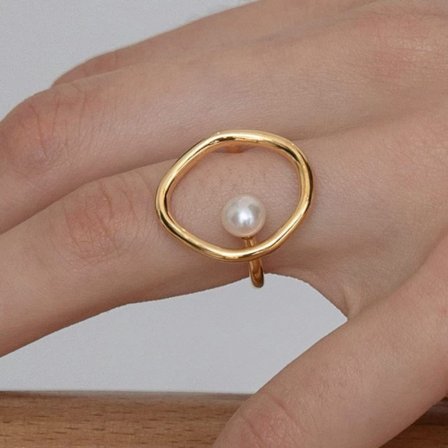 Silver ring, justerbar ring med geometrisk utskärning och pärla