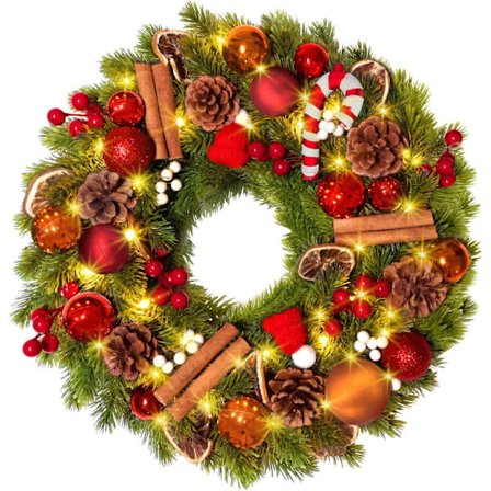 Joulukranssi, 40 cm / 16 tuuman paristokäyttöiset joulukranssit oveen, keinotekoiset joulukranssit ajastintoiminnolla festivaalin seinäkoristeeksi