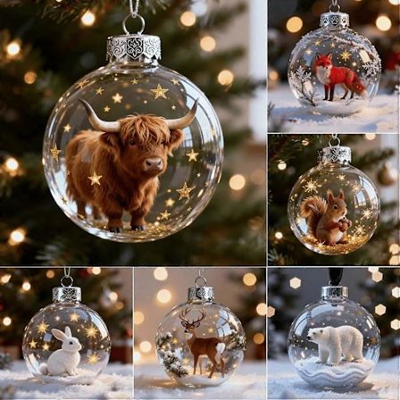2026 Wildlife Wonders Collection Krystallglass Ornament, Levende 3D Dyre Juledekorasjon, Klar Plast Julekuler, Highland Cow Ornament, Holida