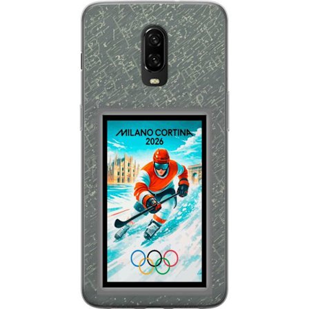Yhteensopiva Puhelinkuori OnePlus 6T Curlingkuvitus pelaajilla ja kivillä jäällä, Milano Cortina 2026, lumisia roiskeita ja olympiasormukset