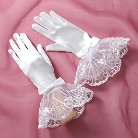 De elegante minimalistiske brudehanskene med sløyfe er et par håndleddslange hansker med fingre, egnet for kvinners bryllupsfester.