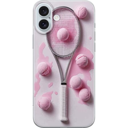 Yhteensopiva Puhelinkuori Apple Apple iPhone 16 Plus Ruusunpunaiset lasipallot ja tennismaila luovassa stillikuvassa, jossa on leikkisä pop-tunnelma