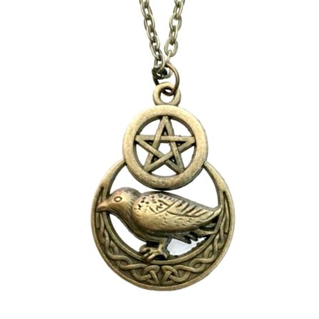 Necklace - Raven - Pentagram - Crescent Moon - Bronze