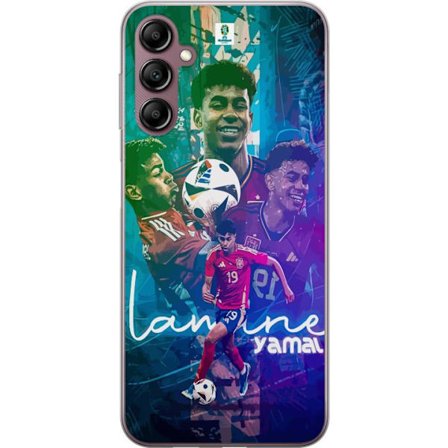 Yhteensopiva Puhelinkuori Samsung Galaxy A14 5G Lamine Yamal EM-inspiroima suunnittelu, jossa on toimintakuvia, värikkäitä yksityiskohtia ja kunnianos