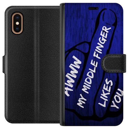 Kompatibelt Lommeboketui til Apple iPhone XS Max Mørk typografisk illustrasjon med hjerteform og budskap om vennskap mot dyp blå tretekstur