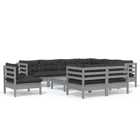 Vidaxl Loungegrupp Med Dynor 10 Delar Grå Massiv Furu Grå