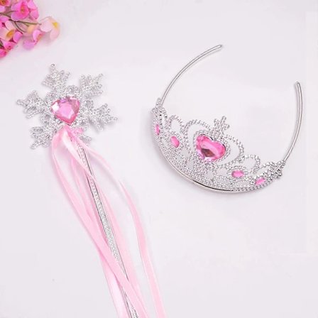 Prinsesse Elsas Krone Tiara og Tryllestav Sett Sølv Hjerte Smykke Kle Opp Kostymetilbehør for Småjenter Cosplay rosa