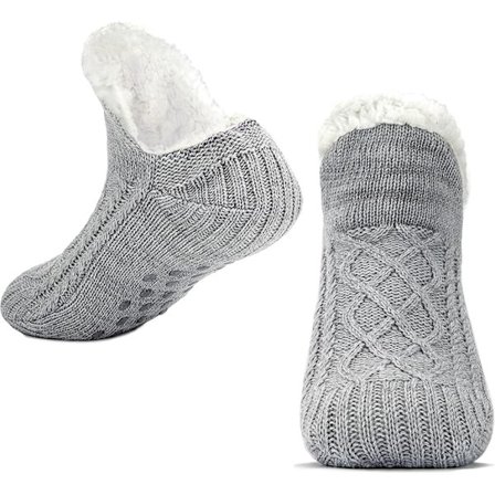 Hjemmesko for kvinner og menn - Varme, sklisikre, strikkede, tykke, fôrede, koselige vinter hjemmesko, egnet for hjemmet, grå