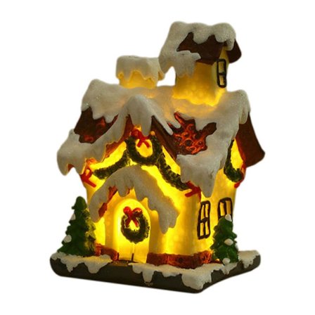 LED-upplysta julbyhus, miniatyrhartsornament, kompatibelt med vinterfestdekoration, 9*8*12 cm [D]