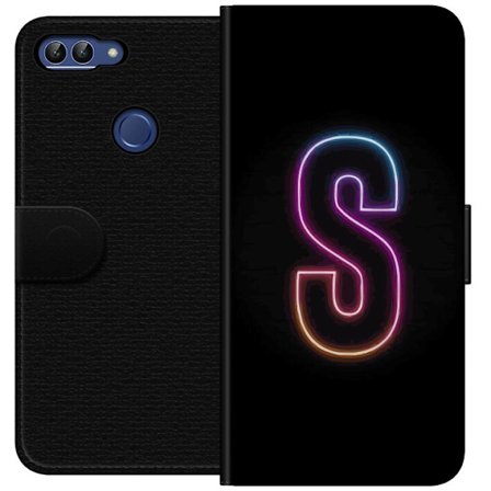 Yhteensopiva Lompakkokotelo Huawei Huawei P smart Neonkirjain S kirkkaissa pinkissä ja sinisissä sävyissä tummaa taustaa vasten, siisti kirjaintai