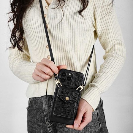 Fodral för iPhone16 svart med axelrem läder stor kapacitet plånbok crossbody anti fall bh