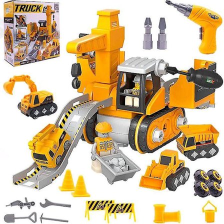 Purettava ja koottava insinööriajoneuvo 4 in 1 nosturiauto kaivinkone poika kokoamislelu auto liukukisko lapsen lahja