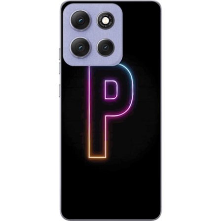 Kompatibel Mobilcover til Motorola Motorola Moto G86 Minimalistisk neonbogstav P i farvegradient og lyseffekt mod sort baggrund i digital neonstil