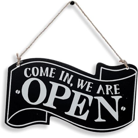 Åpent og Stengt Skilt for Butikkdør - Reversibelt Dobbeltsidig Dekor Tre Skilt Hengende Butikkskilt (Svart)