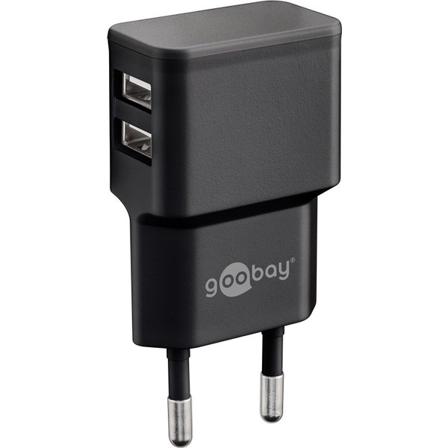 Väggladdare 2 X Usb-a Port, 2,4, Svart, Sidmatad, Goobay 44951 Svart