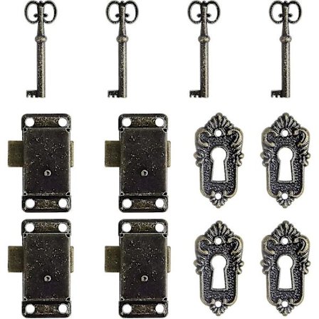 Set med 4 antika skåplås i zinklegering med 4 antika brons vintage lådknoppar för skåp brevlåda smyckeskrin display skåp