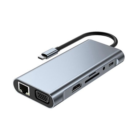 11-i-1 USB-C-dokkingstasjon, USB-hub 3.0, splitter, multiport-adapter, 4K-kompatibel, RJ45, SD/TF, VGA, PD, lyd