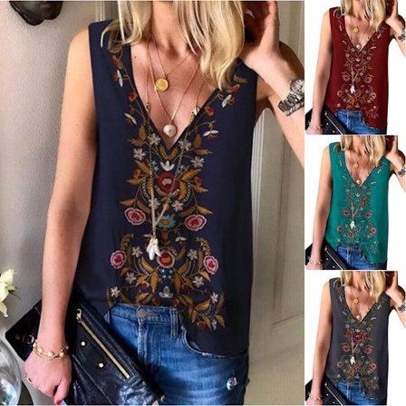 Painettu V-kaula-aukkoinen toppi naisten kesän ulkoiluvaatteille Laivastonsininen