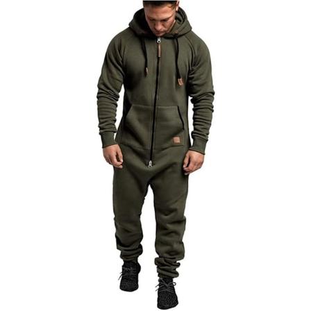 Männs Huvad Jumpsuit Full Zip Långärmad En-Delad Atletisk Löpning Jogging Tracksuit Grön Green M
