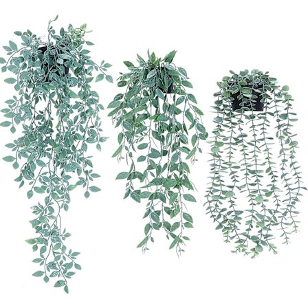 Keinotekoiset roikkuvat kasvit, 2 kpl, keinotekoinen eukalyptus kasvi ruukuilla, tekokukka