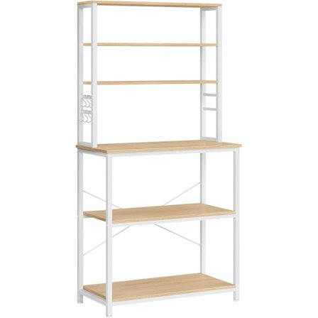 Vasagle keittiöhyllyteline mikroaalttelineteline 6 tasoa 6 hyllyä ja 6 koukkua, tammi valkoinen