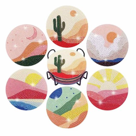 6 stk. Diamantbrikker Kunstmalersæt, Abstrakt Landskab Plante Diamant Kunst Runde Brikker med Holder, DIY Diamant Kunst Håndværk Brikker Sæt til