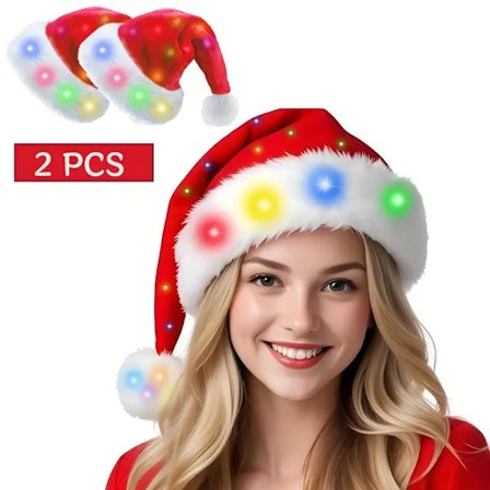 Julehatte til børn, 2-pak, rød fløjl, lysende hat, LED blinkende hovedbeklædning, juledekorationer, festartikler til hjemmet