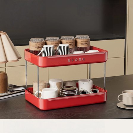 Dobbeltlags skrivebordsopbevaringsstativ, multifunktionelt kopstativ med afløbsbakke, sparer plads i køkkenet, hjemmet og kontoret