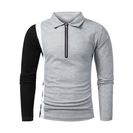 Män Color Block Långärmad Pikétröja Lapel Neck Basic T-shirt
