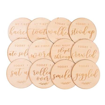 12 st Baby Månadskort Trä Milestoneskivor Baby Första Årets Tillväxt Fotominnesföremål (B)