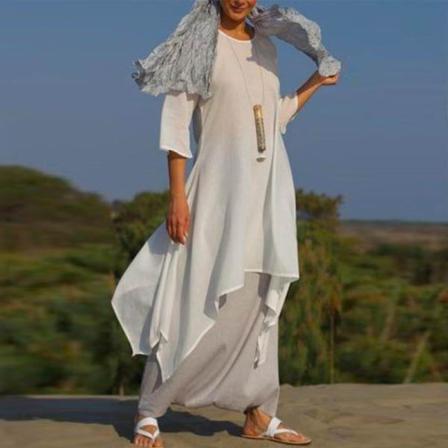 Kvinnor Långärmade Summer Beach Sundress Klänningar Med Rund Hals