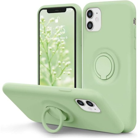 For iPhone 11 Deksel med Ringstativ | Supermykt Mikrofiberfôr | Anti-ripe Flytende Silikon Støtabsorberende Deksel for iPhone 11, Matcha