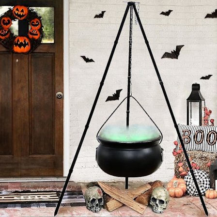Halloween Utemiljødekorasjoner, Stor Heksegryte på Stativ med Lys, Svart Plast Godteribeholder Dekorasjon (78cm Høy, 20cm Diameter)
