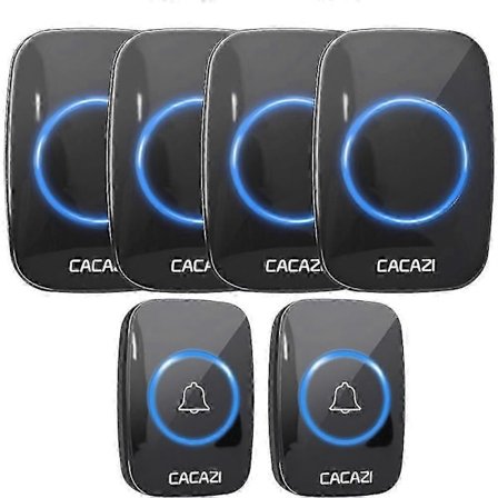 CACAZI Trådløs Dørklokke Vandtæt 300M Fjernbetjening EU Stik smart Dørklokke batteri 2 knap 4 modtager sort