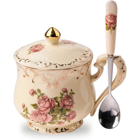 Te-kopp med lock, 35 cl Te-kopp med lock och sked, Keramiska tekoppar med blommor Födelsedagspresent till mamma kvinnor (Rosa ros)