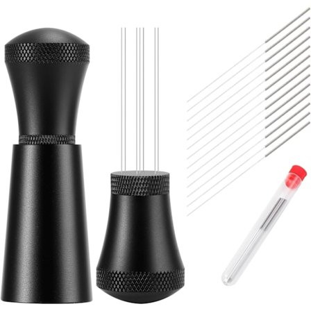 Aluminium Verktøy Espresso Nål Kaffedistributør Stativ med 7 Espresso Nåler 0.3 mm, 10 Erstatningsnåler (Svart)