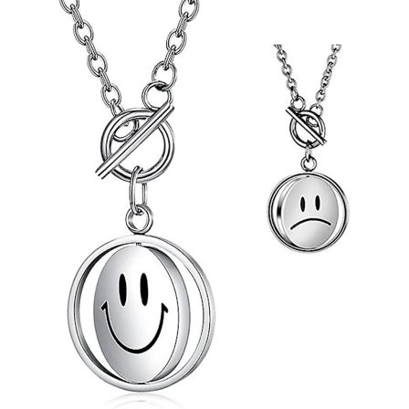Kreativ Rotationsbar Smiley-Halsband i Rostfritt Stål Snurrande Leende Ansikte Byter till Sorgligt Ansikte Minimalistiskt Nyckelbenhalsband för Män 