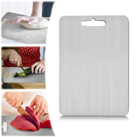 Skærebræt i rustfrit stål til køkkenet, morgenmadsbræt med håndtag, dobbeltsidet brug, til hjemmet, udendørs, camping, 29x20cm