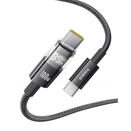 2025 Senaste Modell Baseus USB C-kabel, 100W 5A Snabbladdning USB C Laddarkabel med LED-display, Zinklegering Nylonflätad USB C till USB C