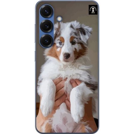 Kompatibelt Mobilskal till Samsung Galaxy S25+ Söt valp med blå ögon, fluffig päls och charmigt uttryck - perfekt hundmotiv för djurälskare.