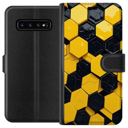 Kompatibelt Lommeboketui til Samsung Galaxy S10 Gul Svart Hexagon Tech Mønster
