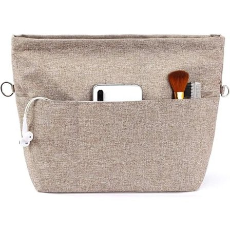Håndveskeorganisator, Tote Bag-innlegg med flere rom og glidelåser, Robust veskeinnlegg med nøkkelring. Lysebrun, S-FA-S