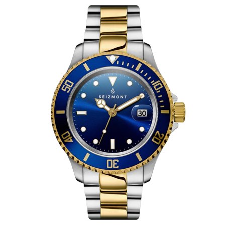 Tide II | Montre de plongée en acier inoxydable couleur argent et or avec mouvement à quartz, cadran bleu & loupe cyclope pour hommes - Montres 