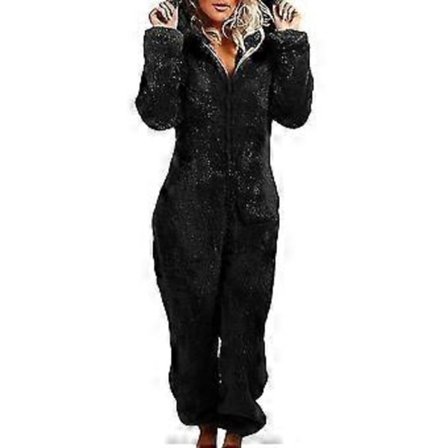 Dames Vinter Fluffy Fleece Hættetrøje All In One Jumpsuit V (2XL sort)