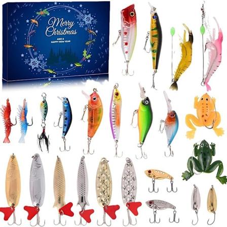 Julekalender for fiske 2024 - Fiskeutstyrssett, fiskeutstyr for voksne menn gutter, fisketilbehør (24 stk)