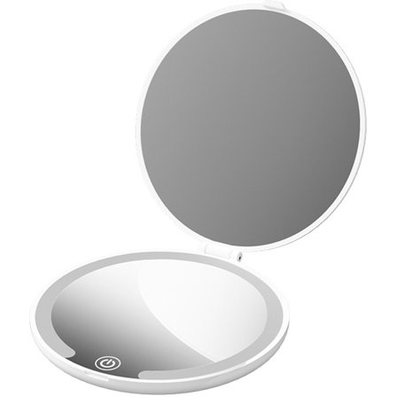 Makeup Spejl - Mini Spejl med Lys - 1x/5x Forstørrelse - 10cm - Genopladeligt - Velegnet til punge, lommer, rejser og som gave (Hvid)