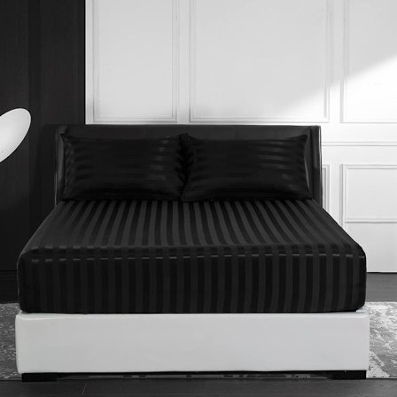 Satiininen lakana, raidalliset silkkiset satiinilakanat syvillä taskuilla, hengittävät satiinilakanat (king-koko), vain lakana (musta, king-koko)