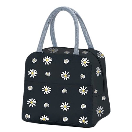 Isolert lunsjveske, bærbar termisk lunsjveske kjølebag Daisy mønster lunsjboks organiseringsveske for kvinner (svart)